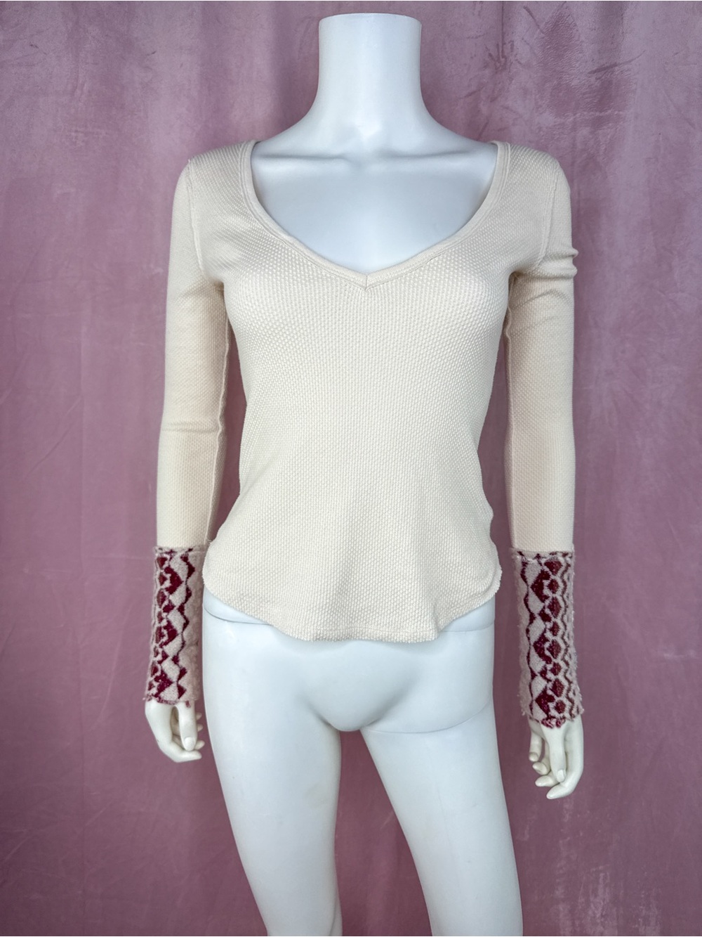Free People Womens Waffle Knit Thermal Henley Shirt Size XS Embroidered Cuffs